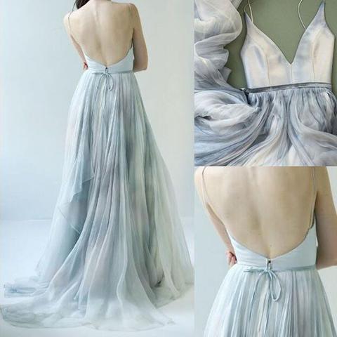 Spaghetti Straps V Neck Simple Prom Dresses Long Tulle Evening Dresses