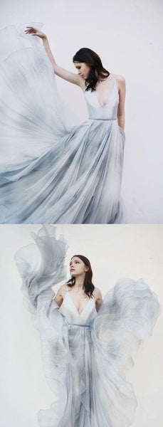 Spaghetti Straps V Neck Simple Prom Dresses Long Tulle Evening Dresses