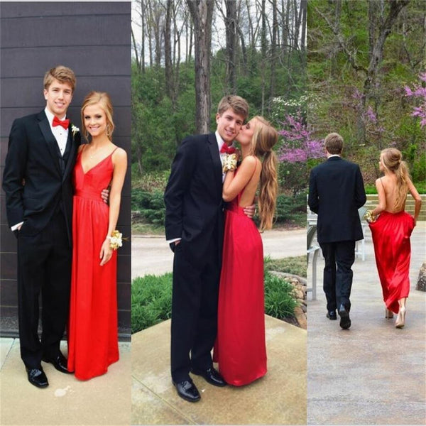 Red Spaghetti Straps Simple Backless Prom Dresses V Neck Evening Dresses