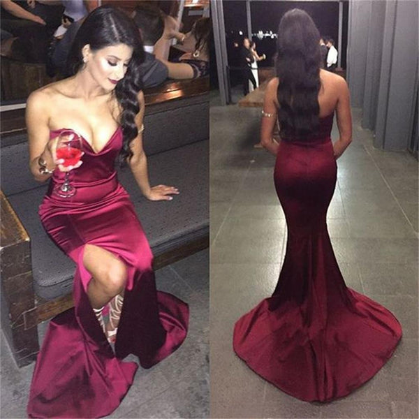 Mermaid Strapless Side Slit Prom Dresses Online Sheath Burgundy Evening Dresses For Women