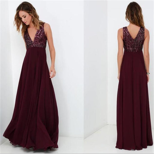 Long V Neck Simple Affordable Prom Dresses Sequin Floor Length Evening Dresses
