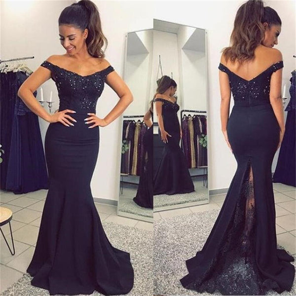 Mermaid V Neck Off The Shoulder Prom Dresses Navy Blue Lace  Sheath Evening Dresses