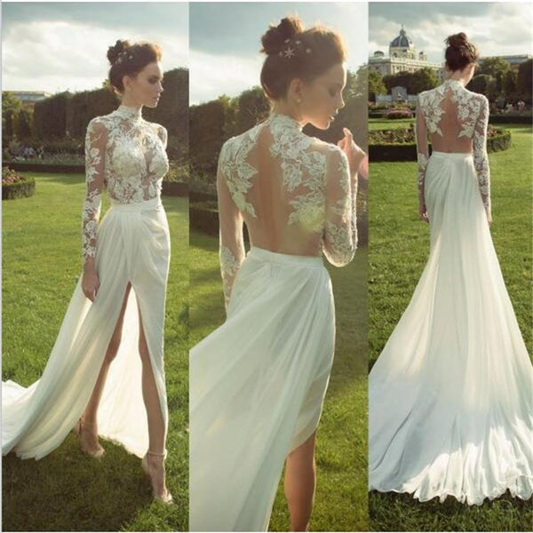 Cheap Lace Long Sleeves  Side Slit Prom Dresses High Neck White Evening Dresses Wedding