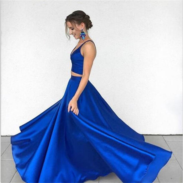 Two Pieces Royal Blue Prom Dresses Stain V Neck Floor Length Evening Dresses