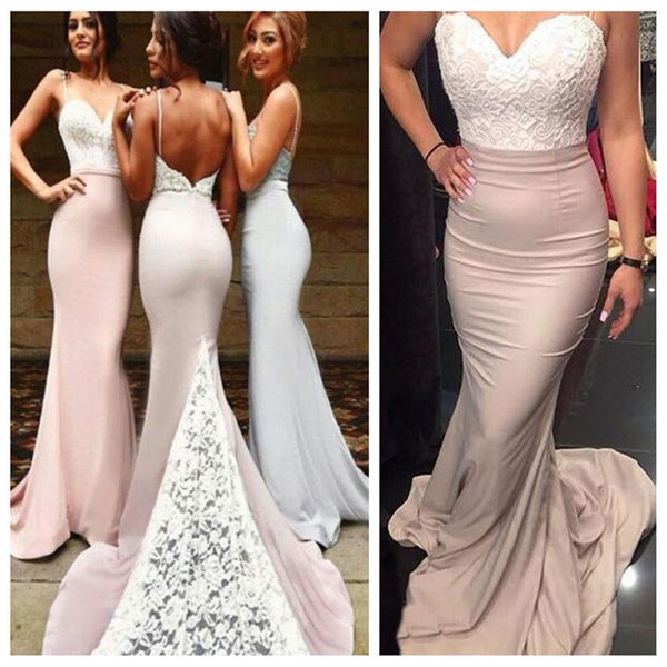 Spaghetti Straps Mermaid Backless Prom Dresses Lace Sheath Evening Dresses