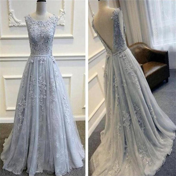 Gray V Back Tulle Lace Appliques Prom Dresses Online Elegant Round Neck Long Evening Dresses