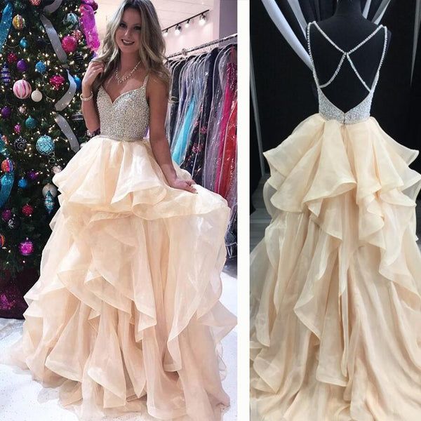 Spaghetti Straps Champagne Tulle Prom Dresses With Beadings  Open Back Evening dresses