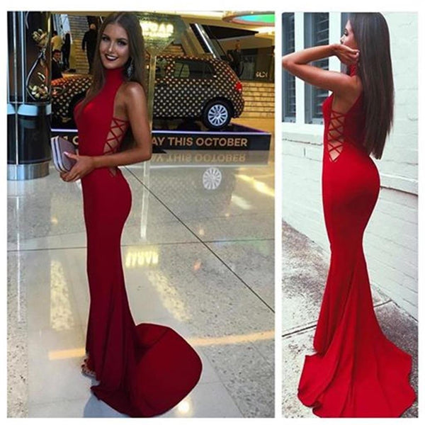 Mermaid Sheath Red High Neck Best Prom Dresses Tight Evening Dresses