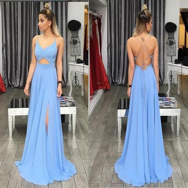 Modest Long Blue V Neck Prom Dresses Simple Backless Criss Cross Strings Evening Dresses