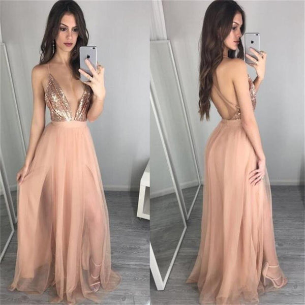 Deep V Neck Long Prom Dresses Split Sequin Tulle Backless Evening Dresses