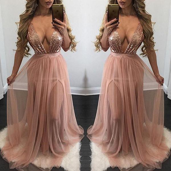 Deep V Neck Long Prom Dresses Split Sequin Tulle Backless Evening Dresses