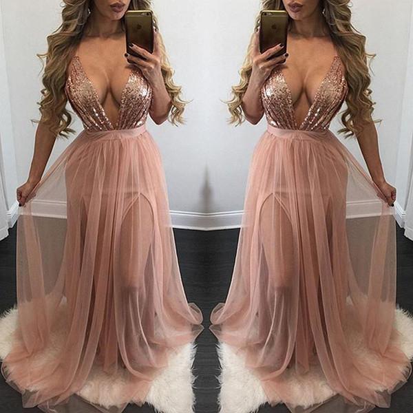 Deep V Neck Long Prom Dresses Split Sequin Tulle Backless Evening Dresses