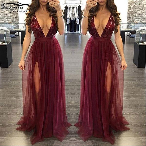 Deep V Neck Long Prom Dresses Split Sequin Tulle Backless Evening Dresses