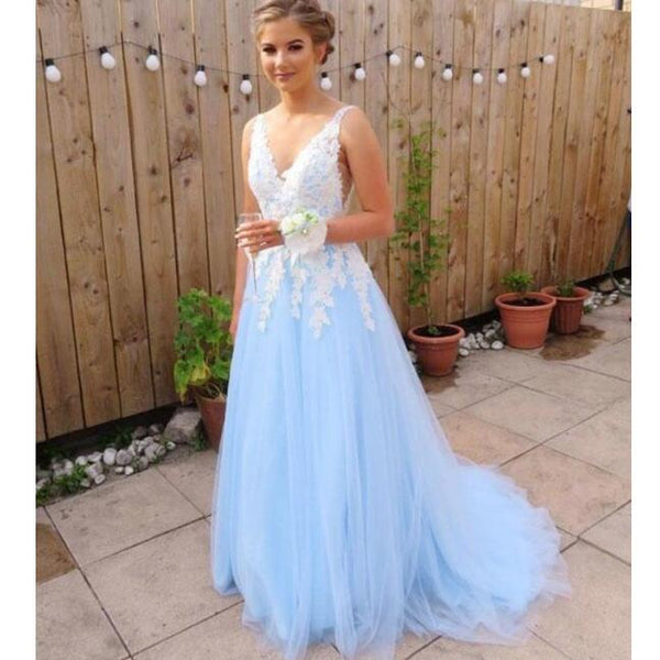 Lace Blue V neck Aplliques Prom Dresses Tulle Backless Evening dresses
