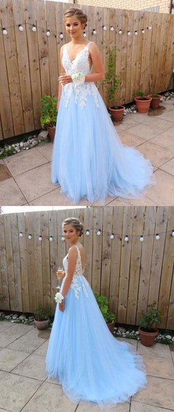 Lace Blue V neck Aplliques Prom Dresses Tulle Backless Evening dresses