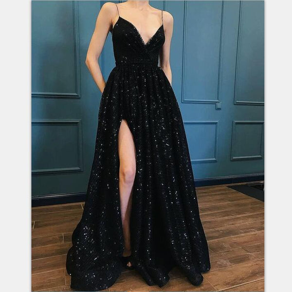 Spaghetti Straps Black Sequins Glitter Prom Dresses With Split Simple V Neck Evening Dresses
