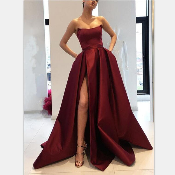 Modest Cheap Prom Dresses With Split Burgundy Floor Length Strapless Stain Evening Dresses