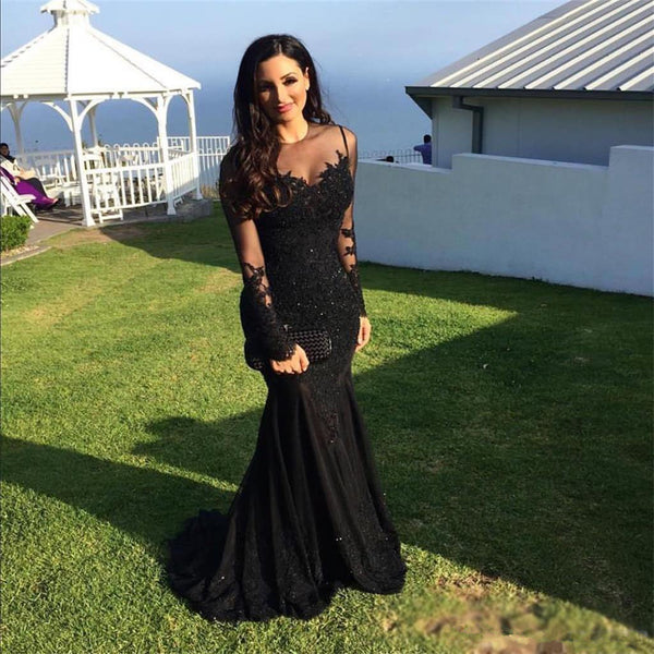 Mermaid Black Lace Best Prom Dresses Long Sleeve Elegant Evening Dresses