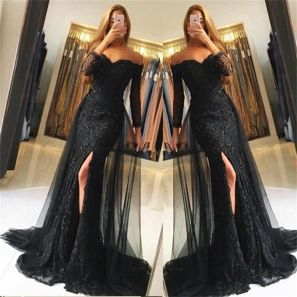 Black Off The Shoulder Lace Tulle Mermaid Long Sleeves Prom Dresses Tight Evening Dress
