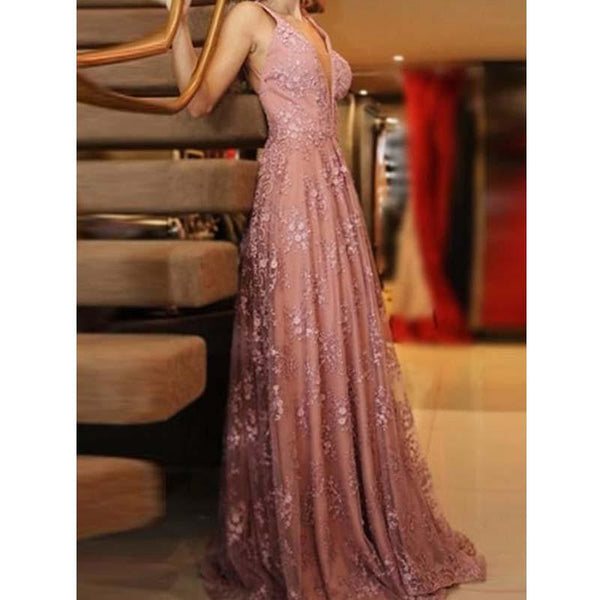 Elegant Blush V Neck Backless Lace Prom Dresses Floor Length Glitter Evening Dresses