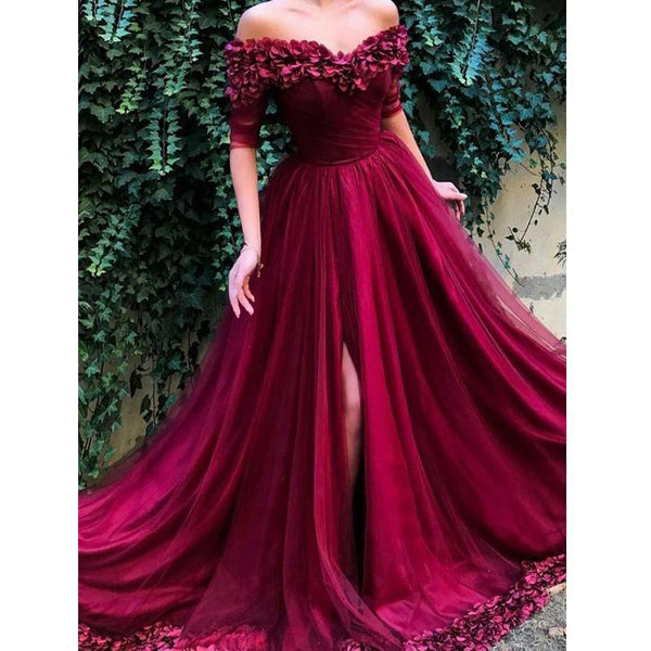 Burgundy Off The Shoulder Long Prom Dresses Split Tulle Appliques Evening Dress