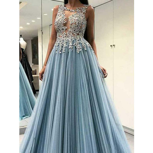 Light Blue Round Neck Appliques Prom Dresses Open Back Tulle Evening Dresses