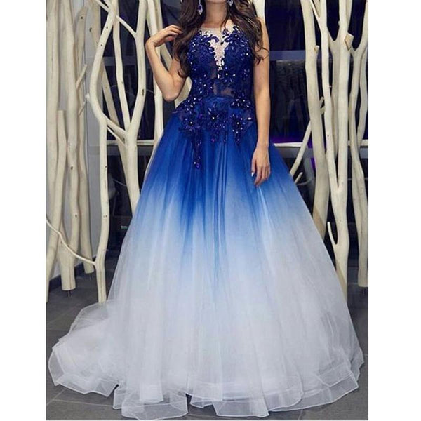 Elegant Royal Blue Modest White Long Ombre Prom Dresses Appliques Evening Dresses for Women