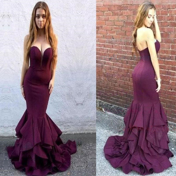 Burgundy Sheath Elegant Strapless Mermaid Prom Dresses Strapless Evening Dresses