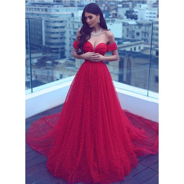Elegant Red Off the Shoulder Long Prom Dresses Tulle Strapless Glitter Evening Dresses