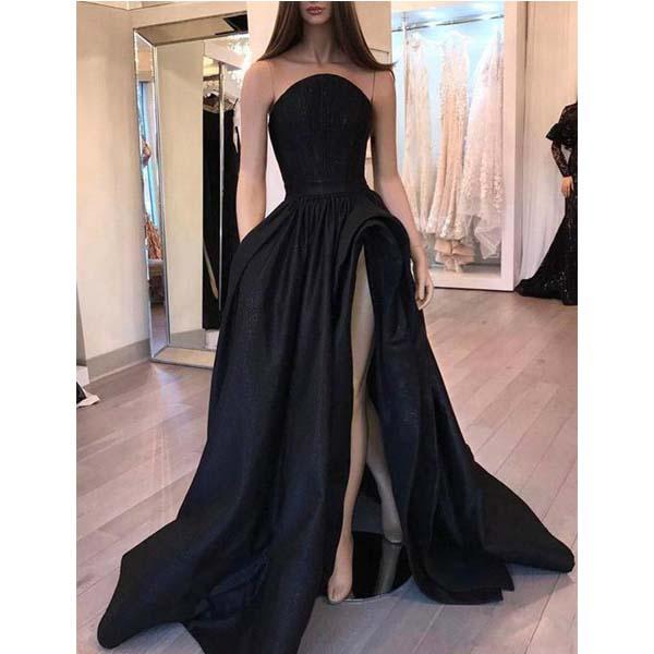 Elegant Black Strapless High Slit Strapless Prom Dresses Floor Length Stain Evening Dress
