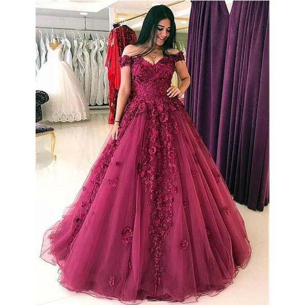 Elegant Off the Shoulder Long Appliques Burgundy Prom Dresses Tulle Evening Dresses