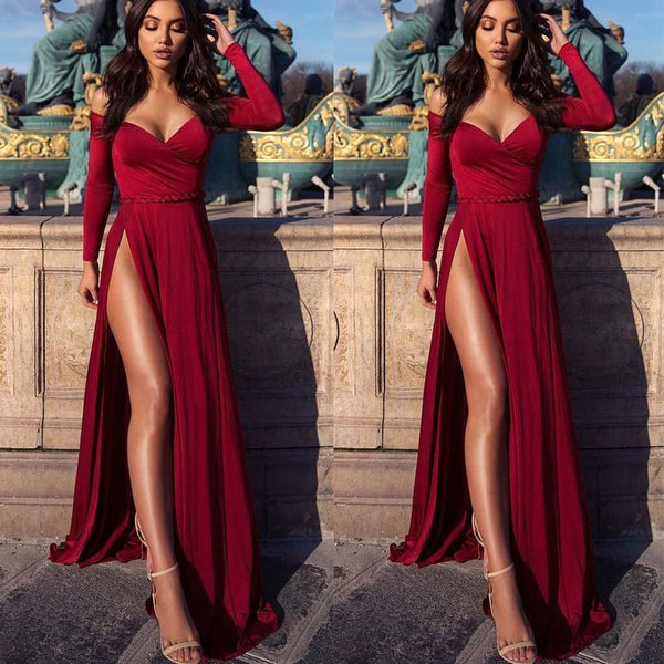 Red Long Sleeves V Neck Prom Dresses, Elegant Side Split Evening Dress