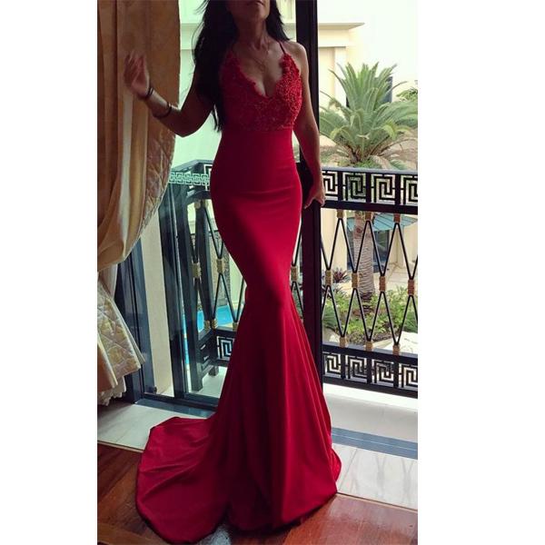 Bodycon Spaghetti Straps Red Mermaid Evening Dresses Long Prom Dresses with Appliques