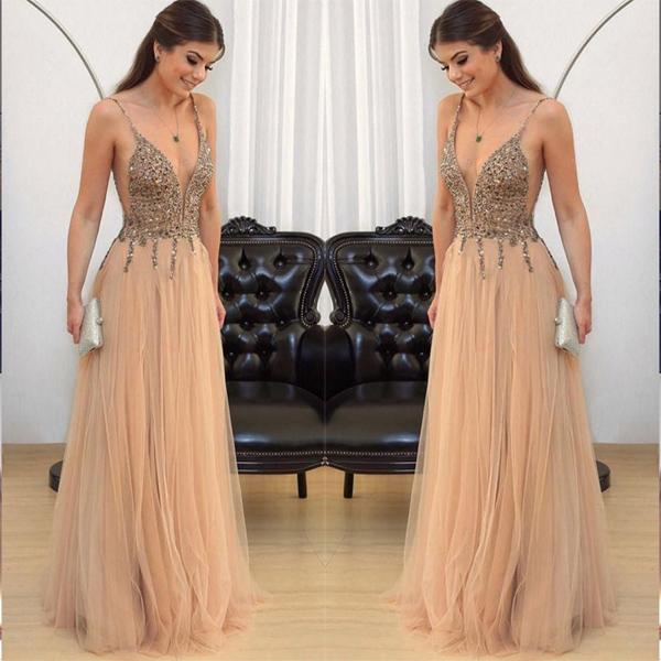 Elegant Spaghetti Straps Deep V Neck Tulle Prom Dresses Beadings Evening Dresses