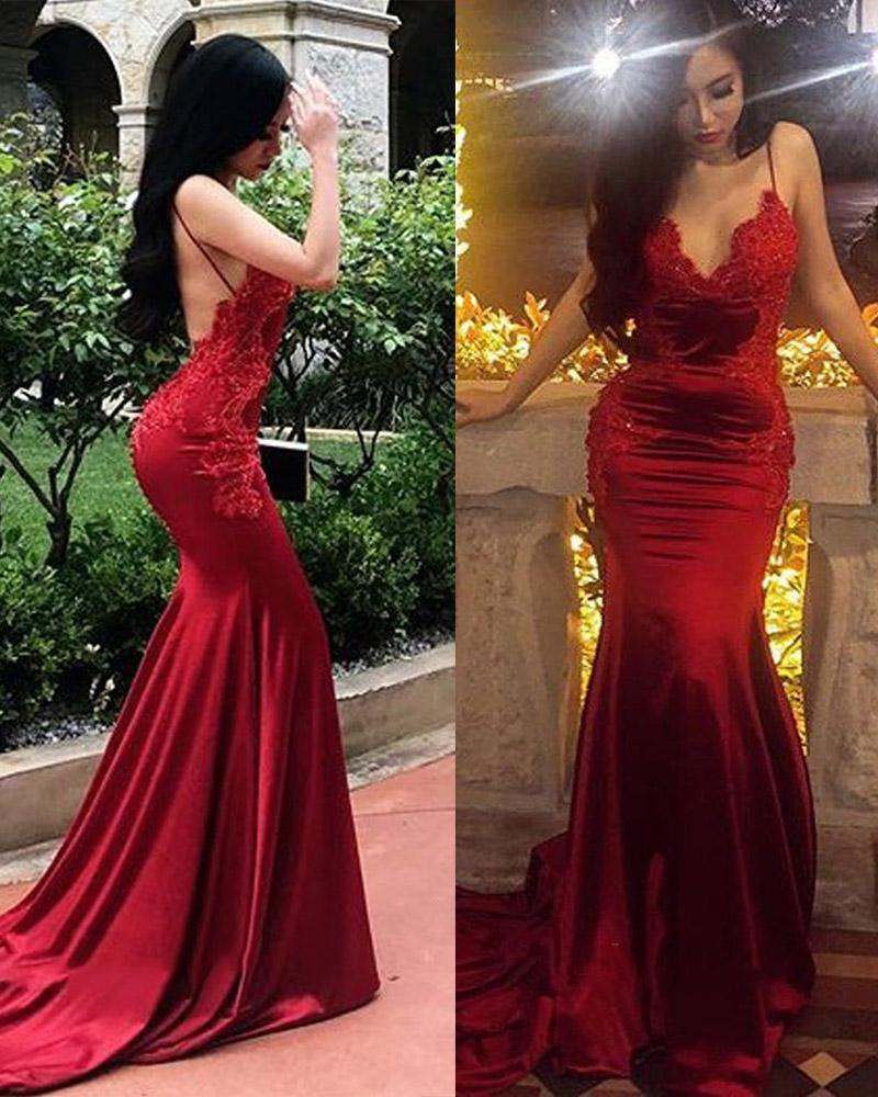 Mermaid Red Spaghetti Straps Lace Appliques Prom Dresses V Neck Sheath Hoprom