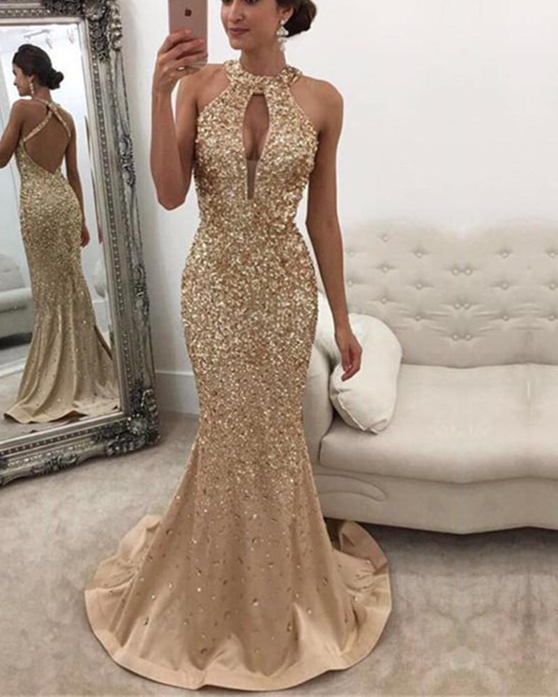 Halter Heavy Beading Glitter Prom Dresses Mermaid Open Back Evening Dress Sale