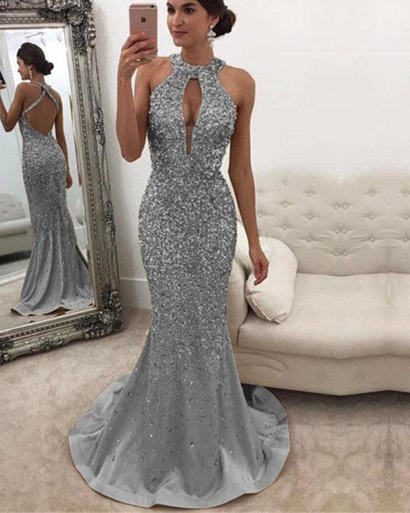 Halter Heavy Beading Glitter Prom Dresses Mermaid Open Back Evening Dr   Hoprom