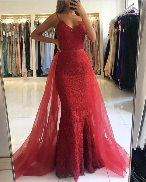 Mermaid Red Spaghetti Straps Lace Beaded Prom Dresses Tulle Sheath V Neck Evening Dresses