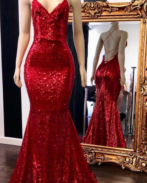 Red Spaghetti Straps Mermaid Glitter Long Prom Dresses Sheath V Neck Backless Evening Dresses