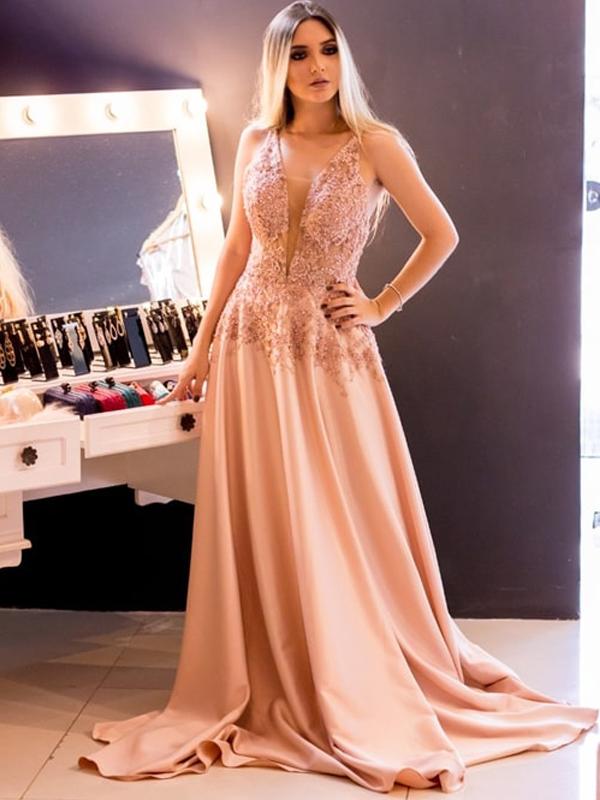 Champagne Deep V Neck Lace Beadings Illusion Prom Dresses Stain Evening Dresses