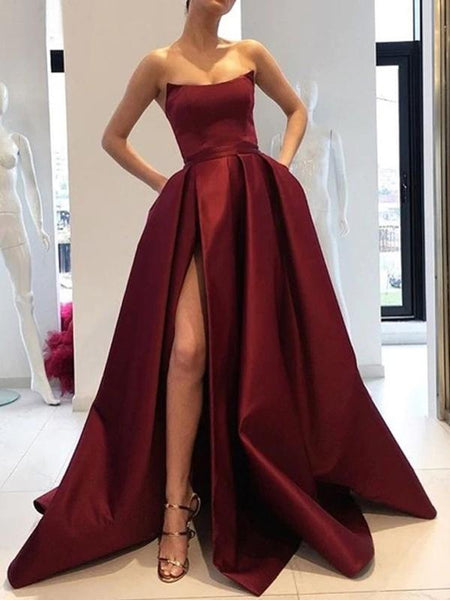 Burgundy Satin Strapless Prom Dresses With Pockets Simple Side Split Evening Dresses