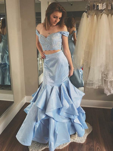 Sky Blue Two Piece Off the Shoulder Prom Dresses Lace Evening Dresses
