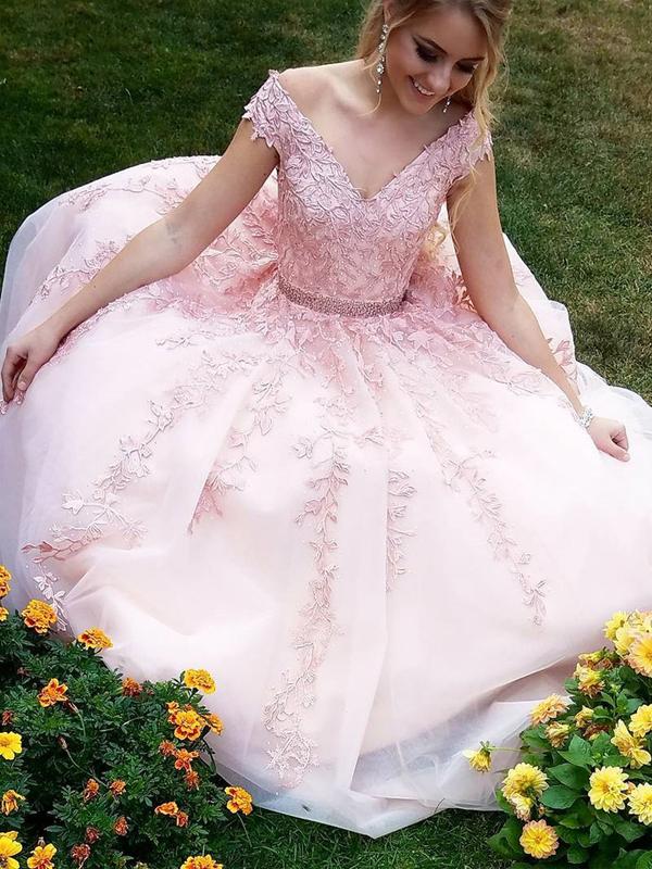 Off The Shoulder Pink Lace Appliques Prom Dresses With Beadings Tulle – Hoprom Off The Shoulder Pink Lace Appliques Prom Dresses With Beadings Tulle – Hoprom