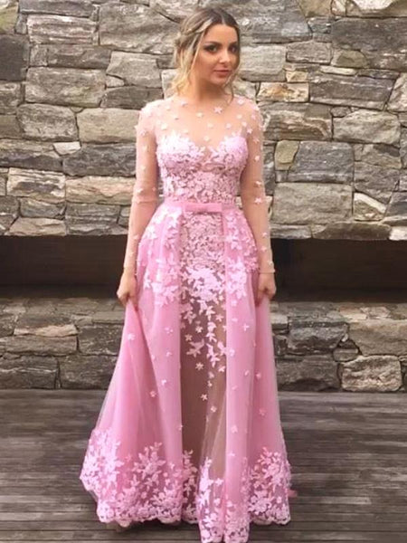 Pink Tulle Long Sleeves Prom Dresses Appliques Evening Dresses