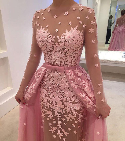 Pink Tulle Long Sleeves Prom Dresses Appliques Evening Dresses