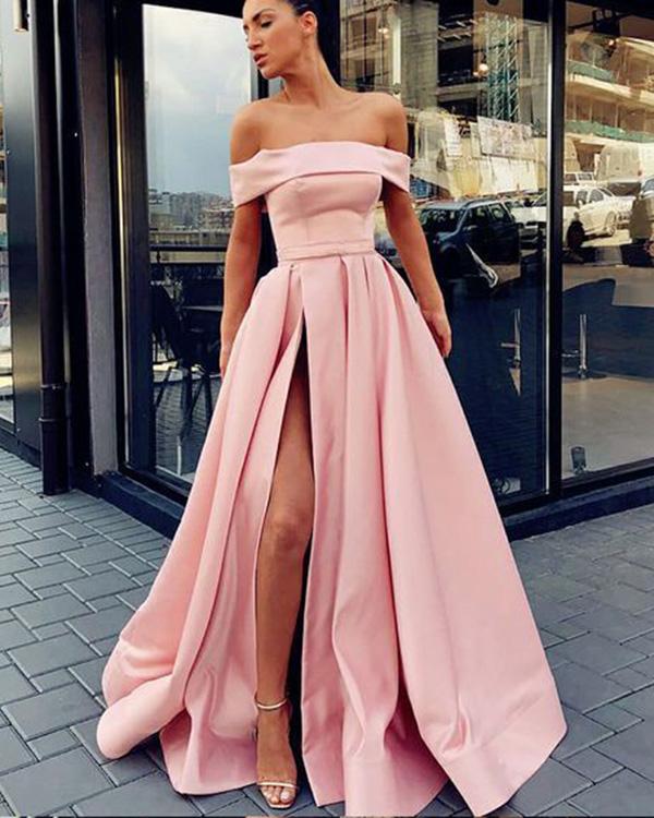 Simple Off The Shoulder Satin Prom Dresses Split Side Evening Dresses Hoprom Simple Off The Shoulder Satin Prom Dresses Split Side Evening Dresses Hoprom