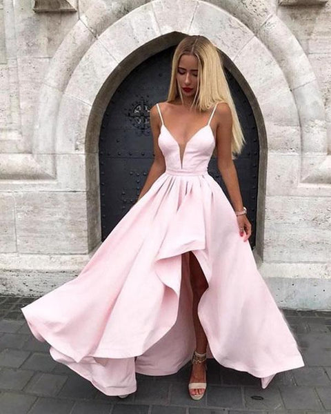 Satin Spaghetti Straps Prom Dresses V Neck Pink Evening Dresses Online