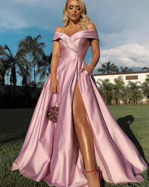 Pink Satin Off The Shoulder V Neck Prom Dresses High Split Evening Dresses