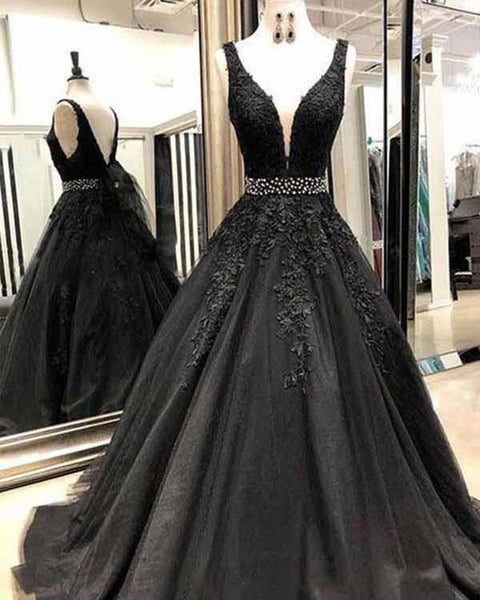 Black Deep V-Neck Prom Dresses with Lace Appliques Tulle Backless Evening Dresses