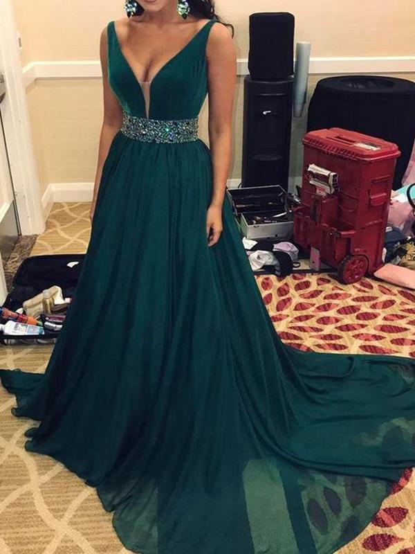 Green V Neckline Prom Dresses Straps Evening Dresses with Beadings